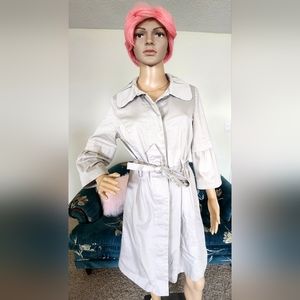 Beige Mid-Length Bell Sleeve Trench Coat with Rounded Neck & Waist Belt